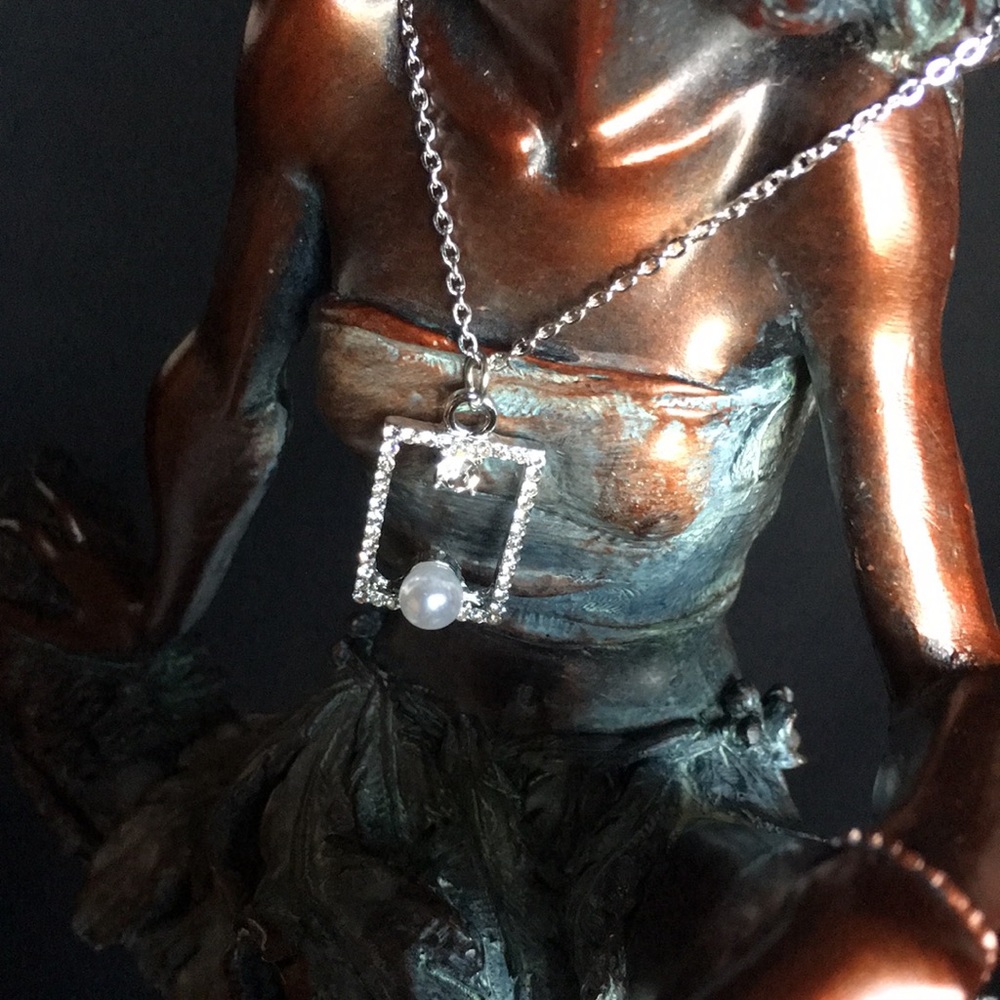 Pearl & CZ Rectangular Necklace - Picture 15 of 16